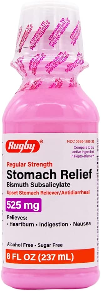 Rugby Regular Strength Upset Stomach Reliever / Antidiarrheal Bismuth Subsalicylate 525 mg - 8 Fl Oz - Relief for Heartburn, Indigestion, Nausea