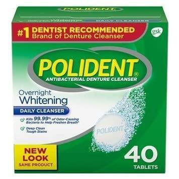 Polident Overnight Whitening Antibacterial Denture Cleanser Effervescent Tablets, 40 count
