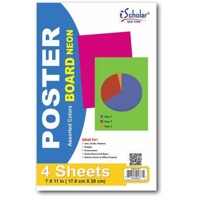 iScholar Poster Board, NEON Assorted Colors, 7" x 11", 4 Sheets