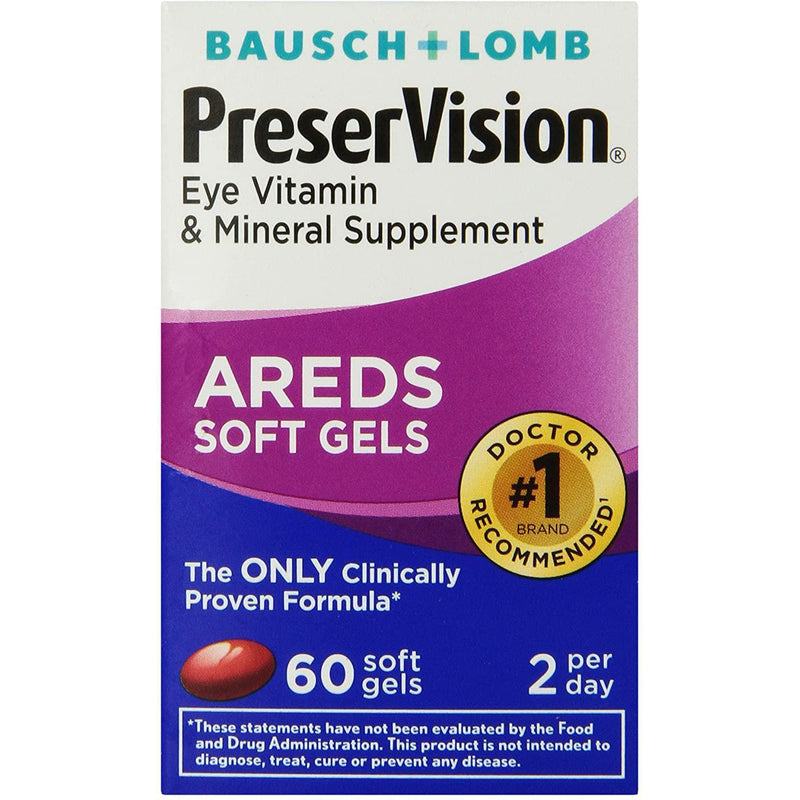 Bausch + Lomb PreserVision AREDS Eye Vitamin & Mineral Supplement Soft Gels, 60 Count Bottle