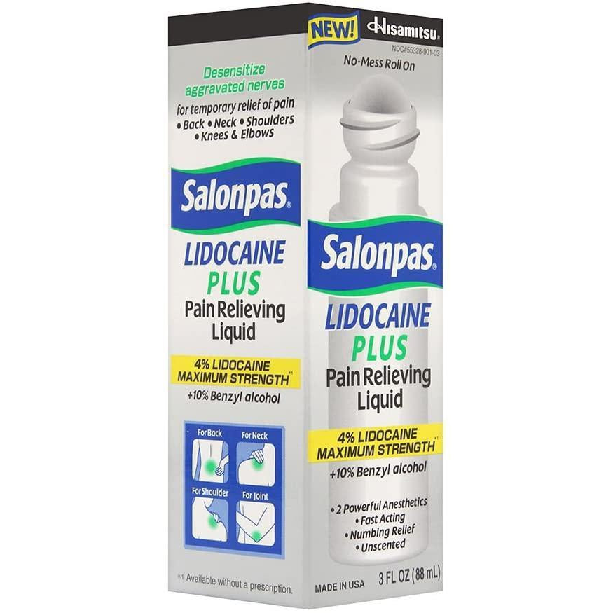 Salonpas Lidocaine Plus Roll on Pain Relieving Liquid, 4% Lidocaine, 3oz.