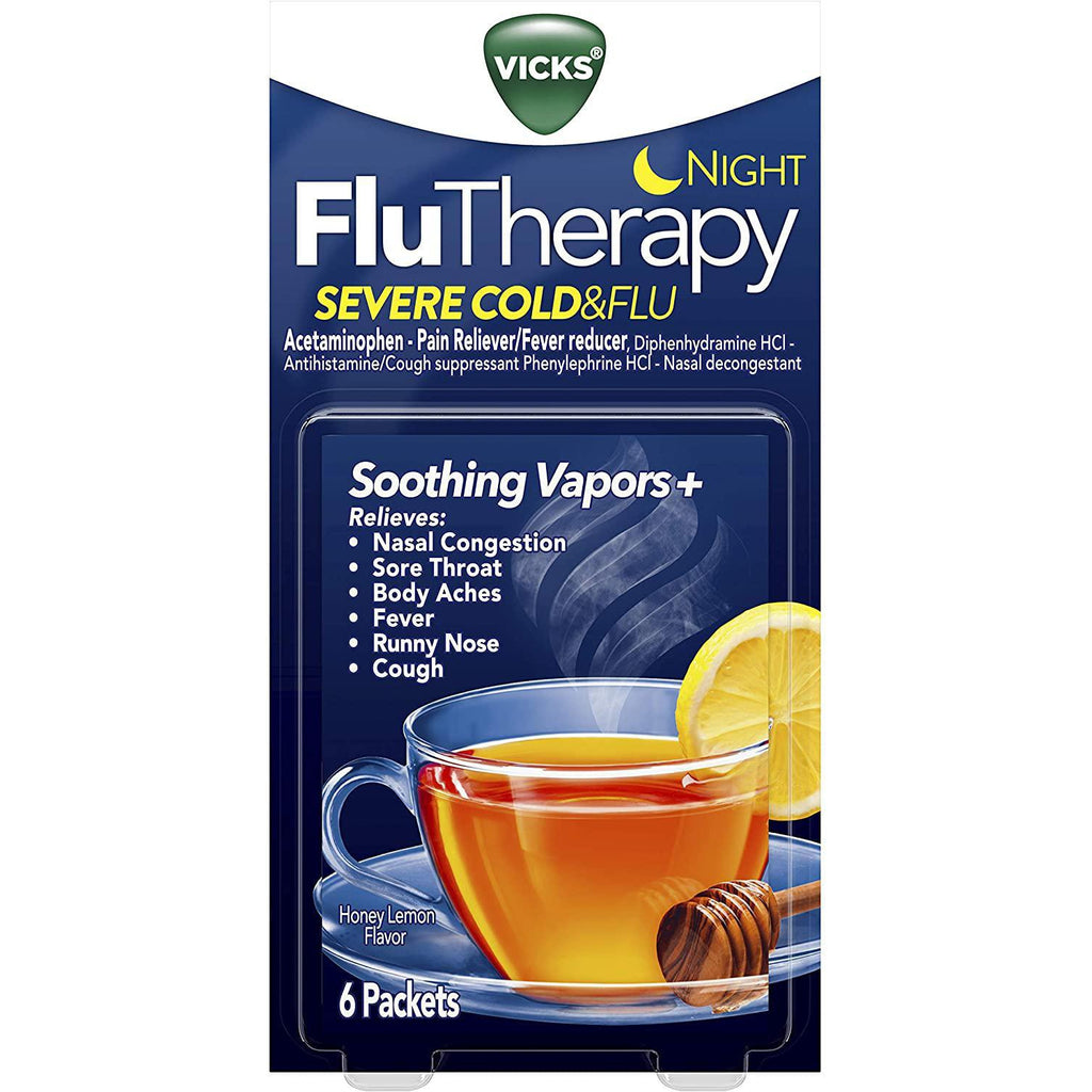 Vicks Flutherapy Severe Cold and Flu, Nighttime, Nasal Decongestant, 6 Packets - Hot Drink with Soothing Vapors