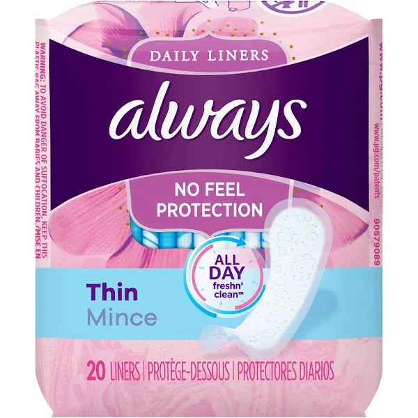 Always Daily Liners - Thin No Feel Protection Pantiliners - All Day Fresh n Clean - 20 ct UPC 037000426882
