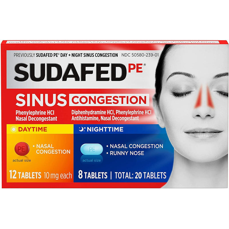 Sudafed PE Sinus Congestion Day + Night Maximum Strength, 20 Tablets Total