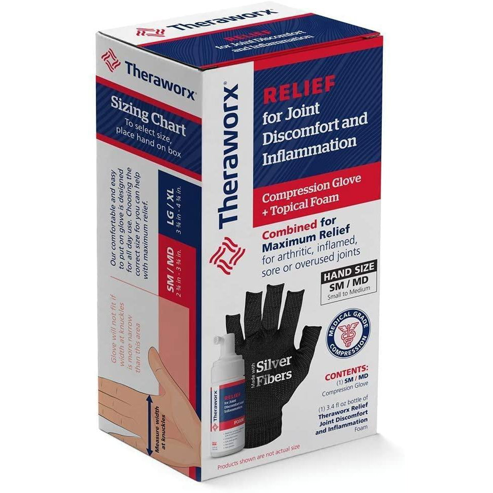 Theraworx Relief Joint Discomfort & Inflammation Foam, 3.4oz + Compression Glove Hand (Small/Medium)