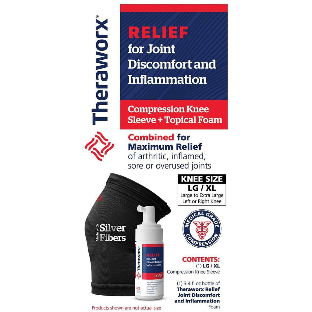 Theraworx Relief Joint Discomfort & Inflammation Foam, 3.4oz + Compression Knee Sleeve (Large/XL)