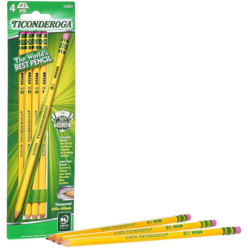 TICONDEROGA Pencils, Wood-Cased, Pre-Sharpened, Graphite #2 HB Soft, Yellow, 4-Pack