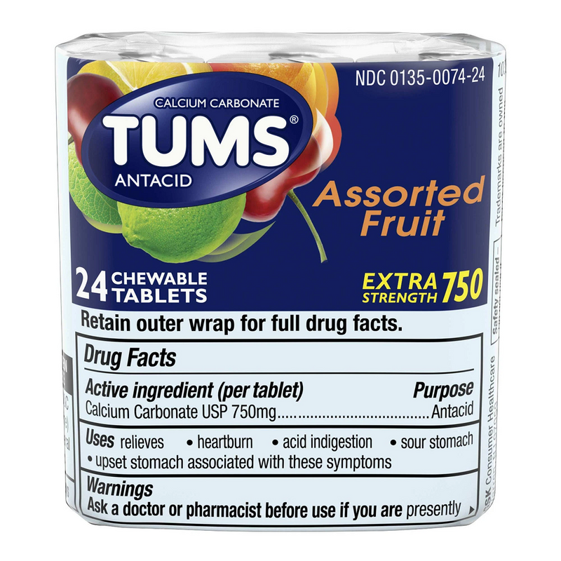 Tums Extra Strength 750 mg Calcium Carbonate Antacid - Assorted Fruit - 24 Chewable Tablets