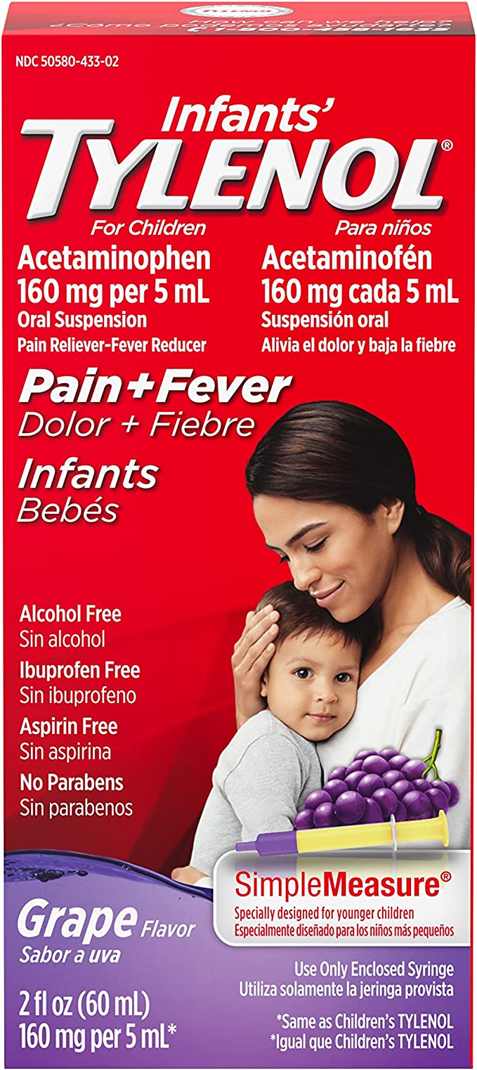 Tylenol Infants Oral Suspension Medicine with Acetaminophen, Baby Fever Reducer & Pain Reliever for Minor Aches & Pains, Sore Throat, Headache & Teething Pain, Grape Flavor, 2 fl. oz