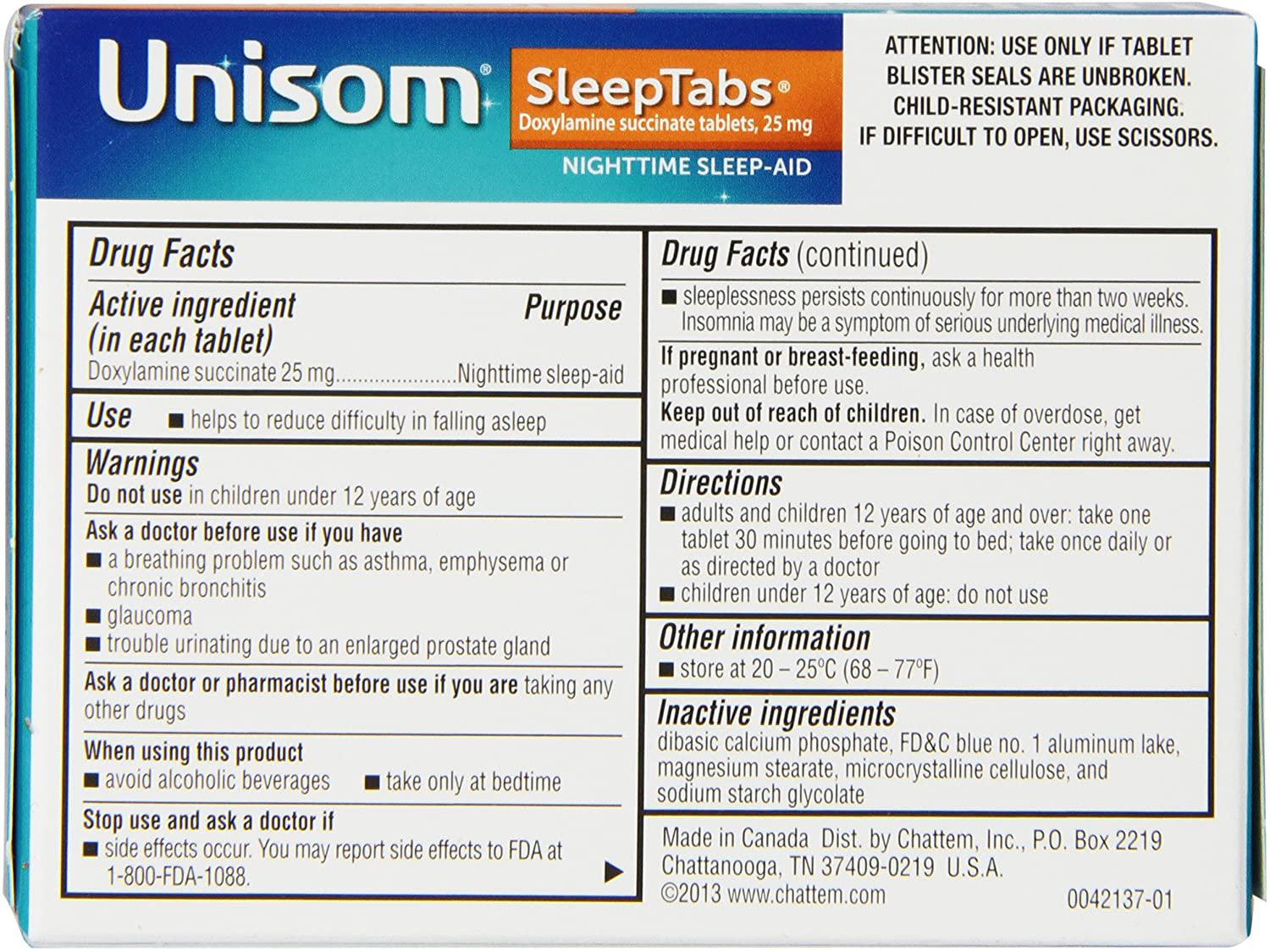 Unisom Sleep Tabs, Nighttime Sleep-Aid, 25 mg Doxylamine Succinate, 32 ...