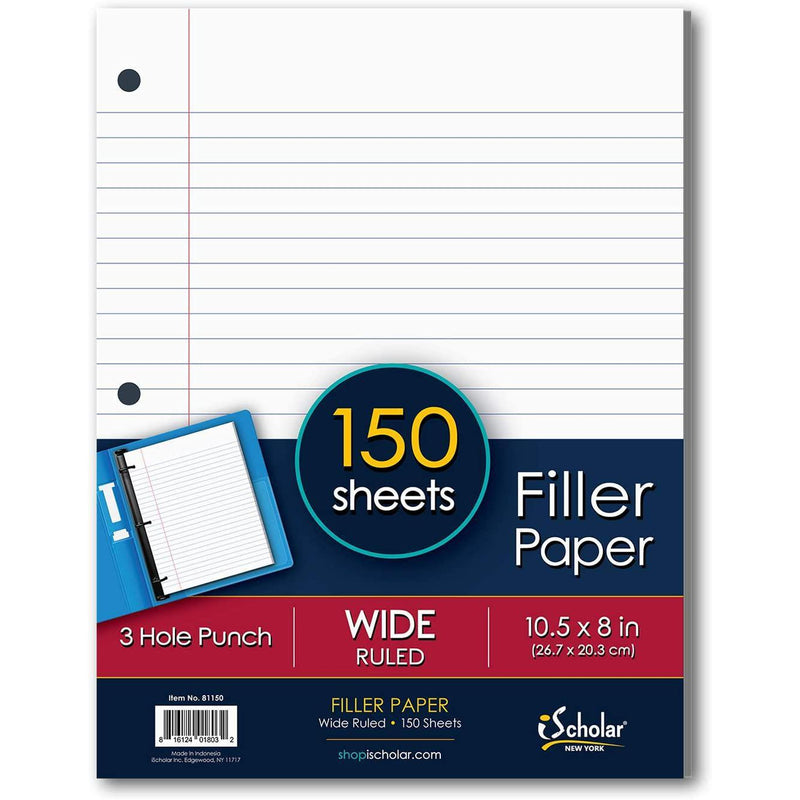 iScholar Wide Ruled Filler Paper, White, 10.5 x 8-Inches, 150 Sheets