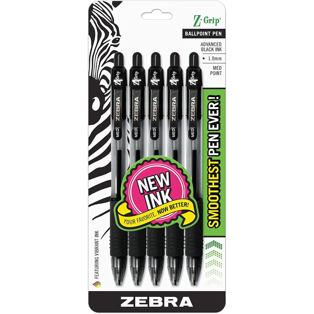 Zebra Pen Z-Grip Retractable Ballpoint Pen, Medium Point, 1.0mm, Black Ink, 5 Count