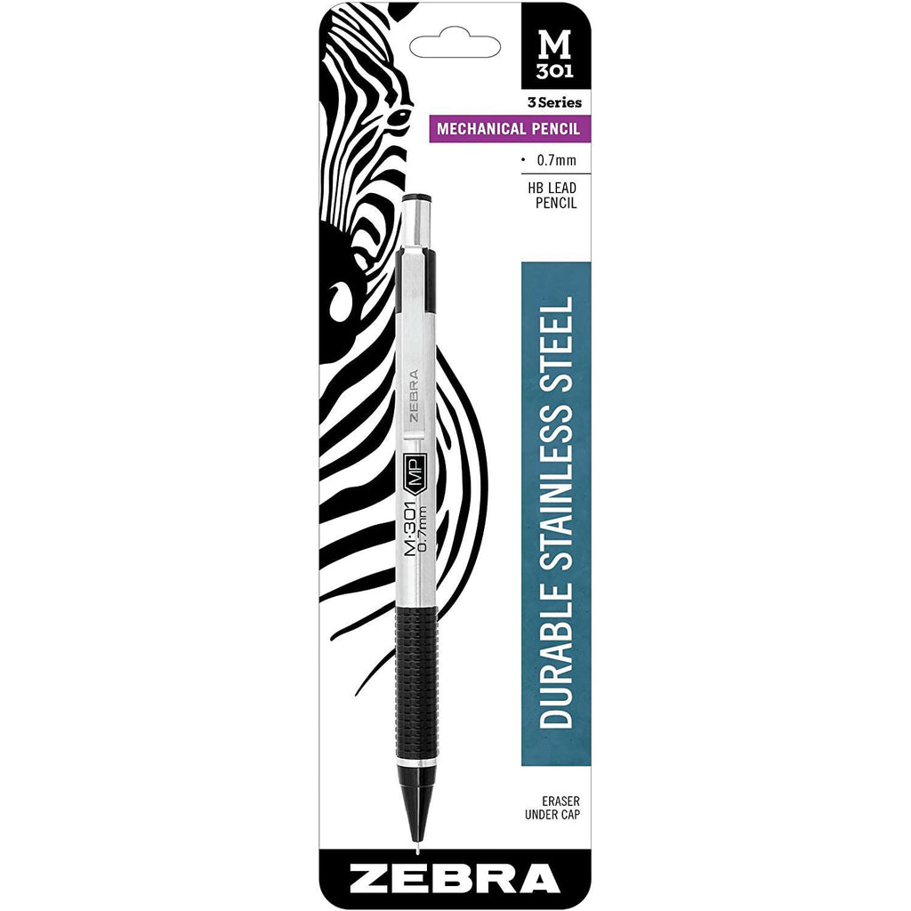 Zebra M-301 Stainless Steel Mechanical Pencil, 0.7mm Point Size, Standard HB Lead, Black Grip, 1 Count