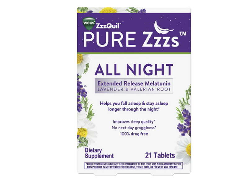 Vicks ZzzQuil Pure Zzzs All Night Extended Release Melatonin with Lavender & Valerian Root , 21 Tablets